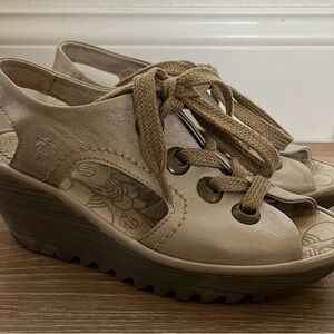 Fly London Beige Tan Lace-Up Wedge Sandals